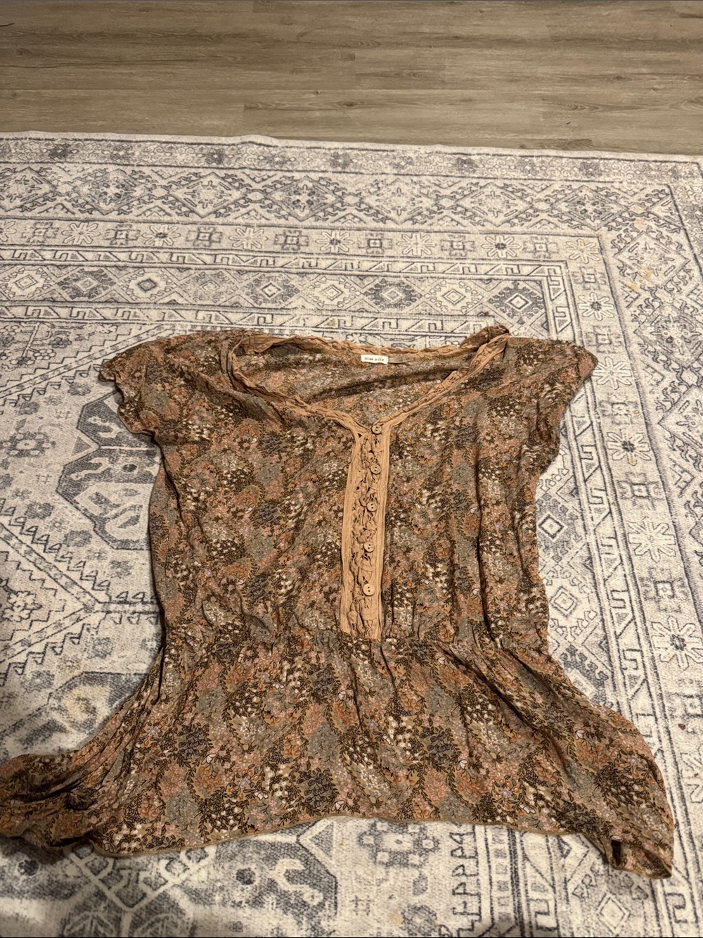 Blue Bird Brown Floral Lace-Trim Peasant Blouse